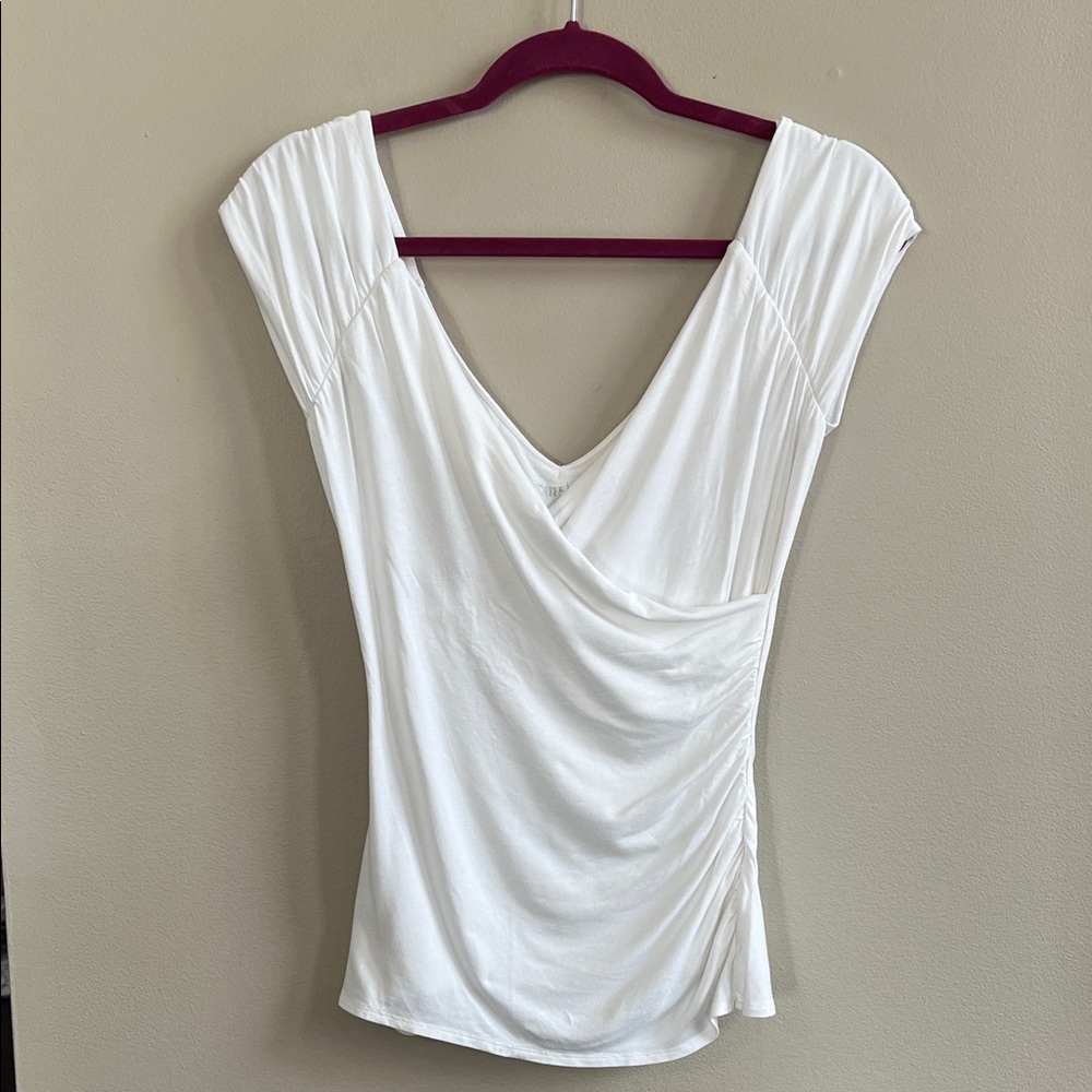 White House Black Market White Draped V-Neck Cap Sleeve Top